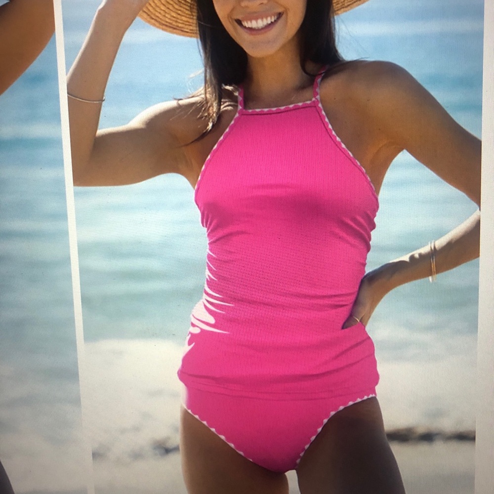 Beachsissi Pink tummy control tankini with white trim